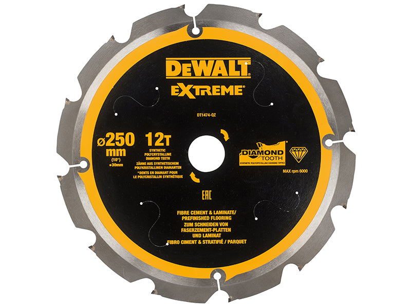 DEWALT Extreme PCD Fibre Cement Saw Blade 250 x 30mm x 12T