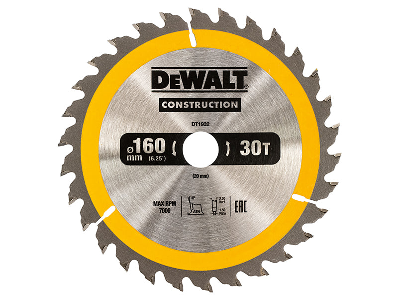 DEWALT Portable Construction Circular Saw Blade 160 x 20mm x 30T