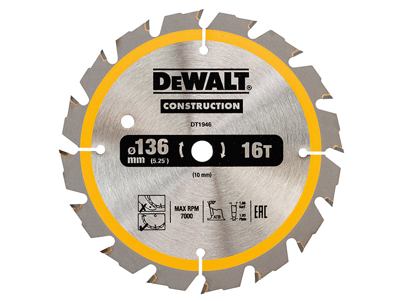 DEWALT Cordless Construction Trim Saw Blade 136 x 10mm x 16T