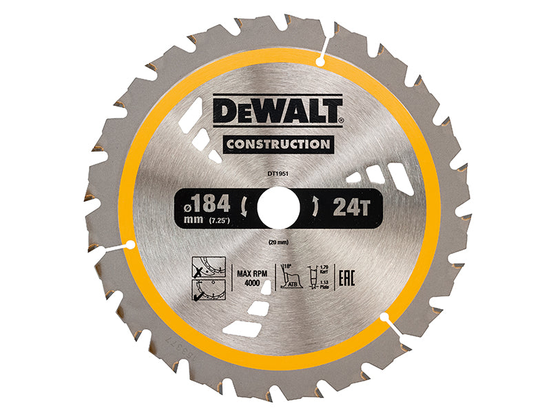 DEWALT Cordless Construction Trim Saw Blade 184 x 20mm x 24T