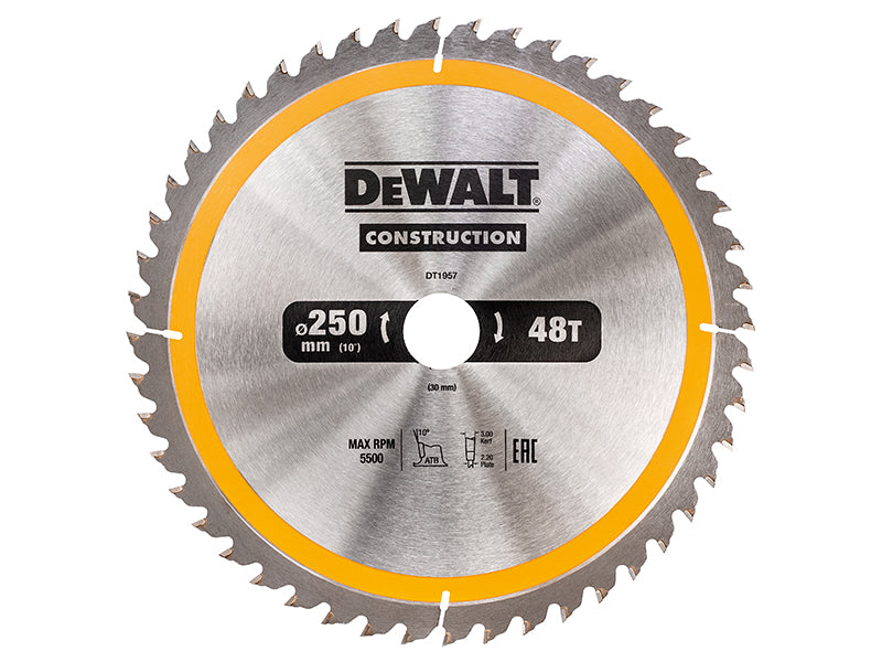 DEWALT Stationary Construction Circular Saw Blade 250 x 30mm x 48T