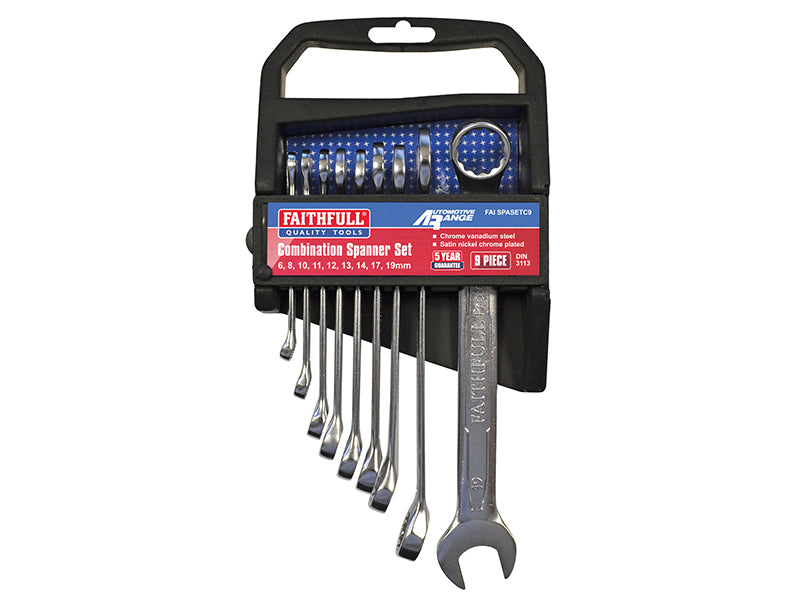 Faithfull Chrome Vanadium Combination Spanner Set, 9 Piece