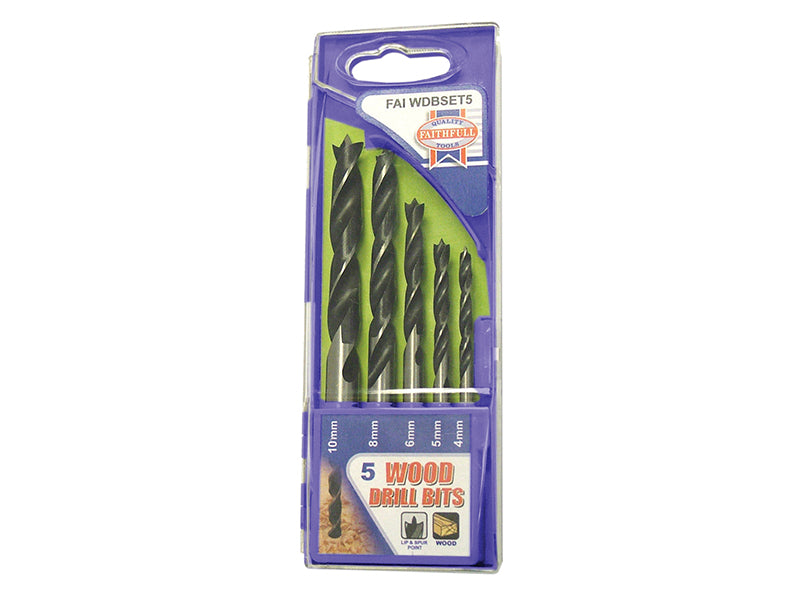 Faithfull Lip & Spur Wood Drill Bit Set, 5 Piece 4-10mm