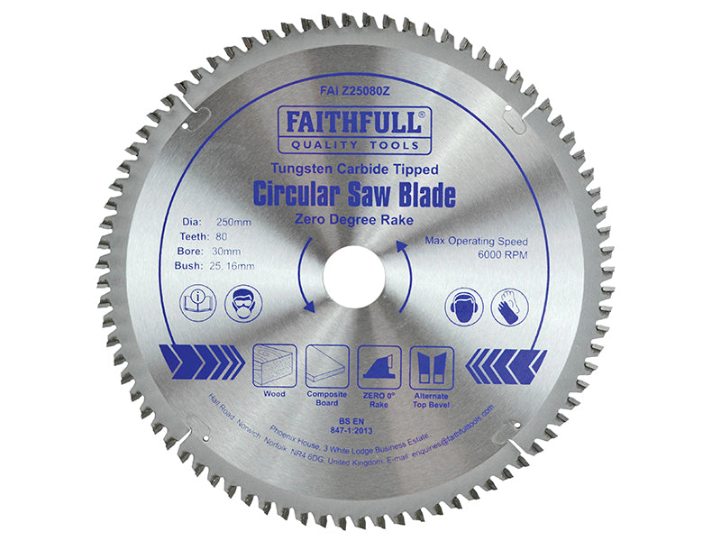 Faithfull TCT Circular Saw Blade Zero Degree 250 x 30mm x 80T