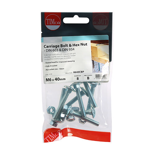 TIMCO Carriage Bolts DIN603 & Hex Full Nut DIN934 Silver - M6 x 40