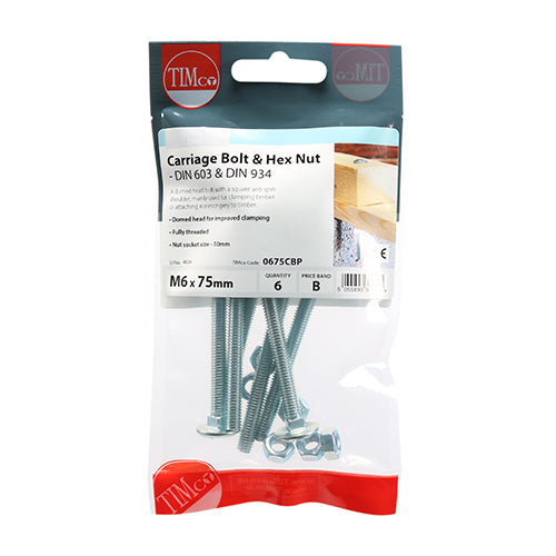 TIMCO Carriage Bolts DIN603 & Hex Full Nut DIN934 Silver - M6 x 75