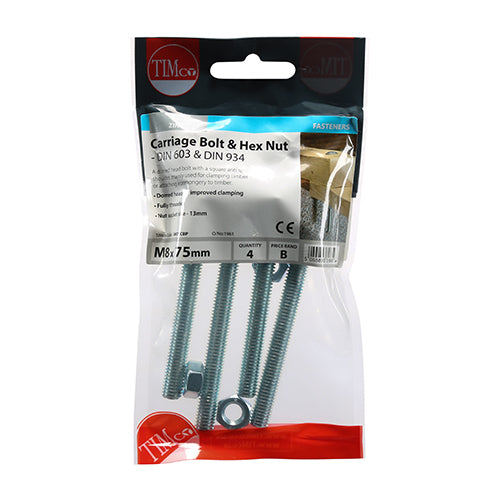 TIMCO Carriage Bolts DIN603 & Hex Full Nut DIN934 Silver - M8 x 75