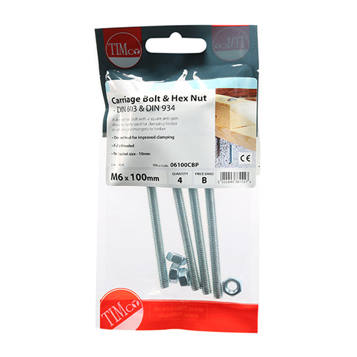 TIMCO Carriage Bolts DIN603 & Hex Full Nut DIN934 Silver - M6 x 100