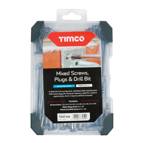 TIMCO Screws, Plug & Drill Bit A2 Stainless Steel Mixed Tray - 91pcs