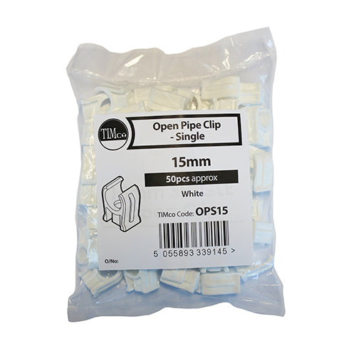 Single Snap-In Open Pipe Clips White  - 15mm