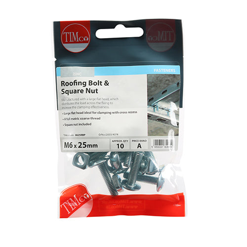 TIMCO Roofing Bolts & Square Nuts Silver - M6 x 25