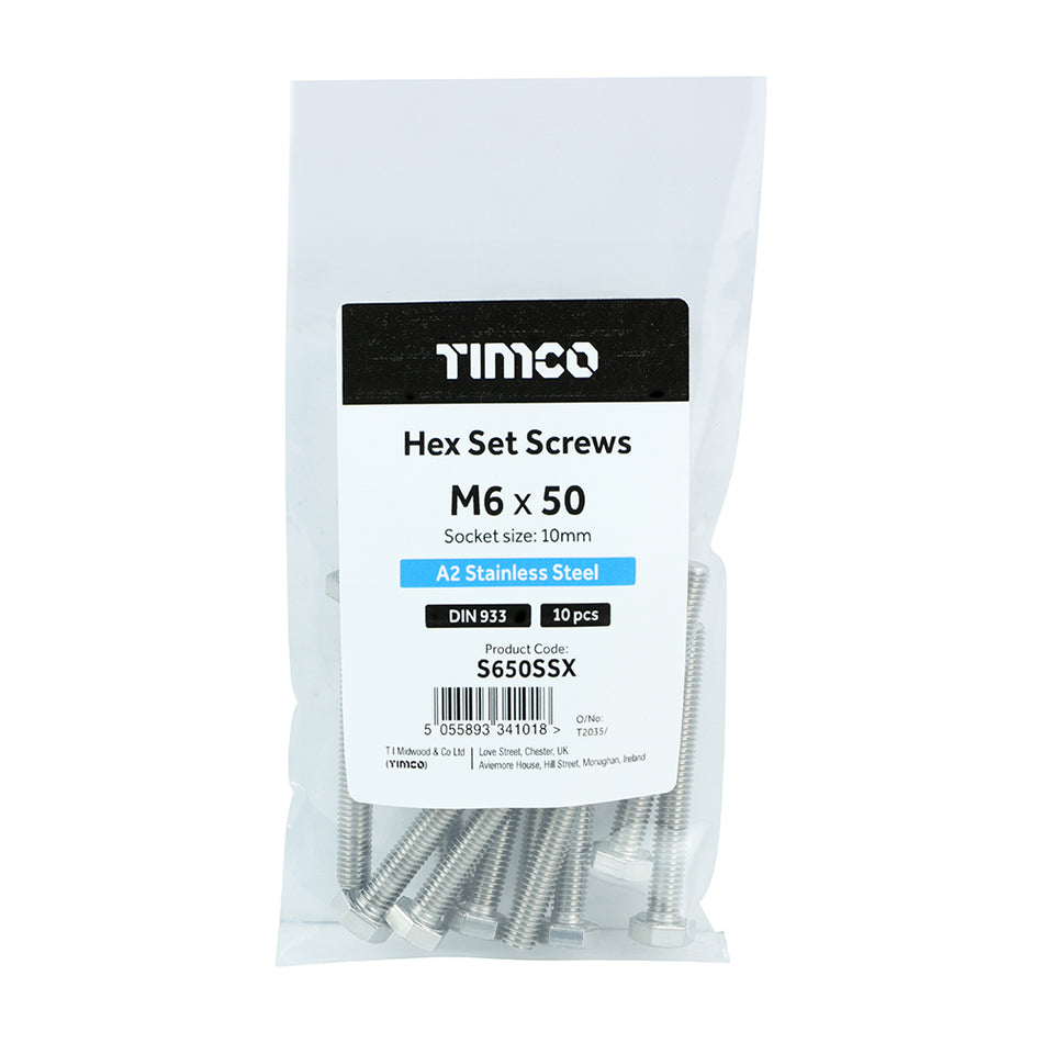TIMCO Set Screws DIN933 A2 Stainless Steel - M6 x 50