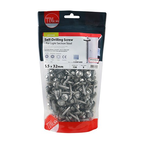 TIMCO Self-Drilling Light Section Screws Exterior Silver with EPDM Washer - 5.5 x 32