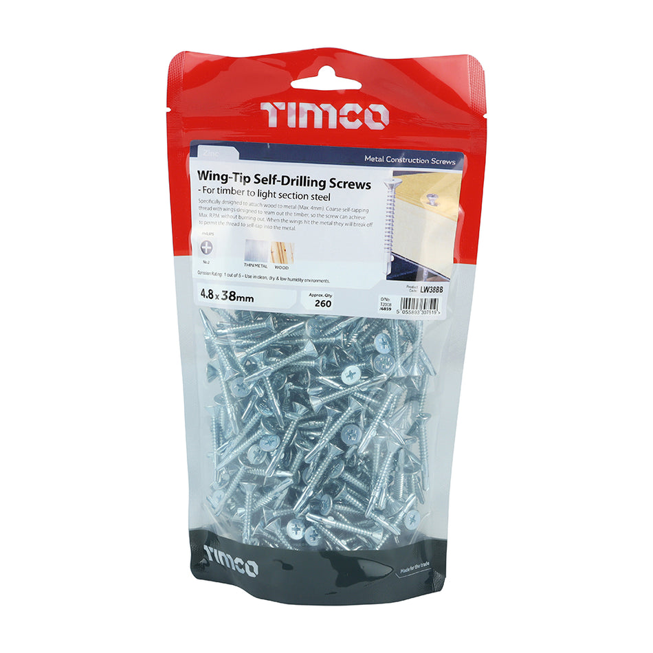 TIMCO Self-Drilling Wing-Tip Steel to Timber Light Section Silver Screws  - 4.8 x 38