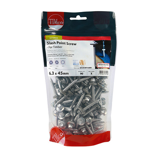 TIMCO Slash Point Sheet Metal to Timber Screws Exterior Silver with EPDM Washer - 6.3 x 45